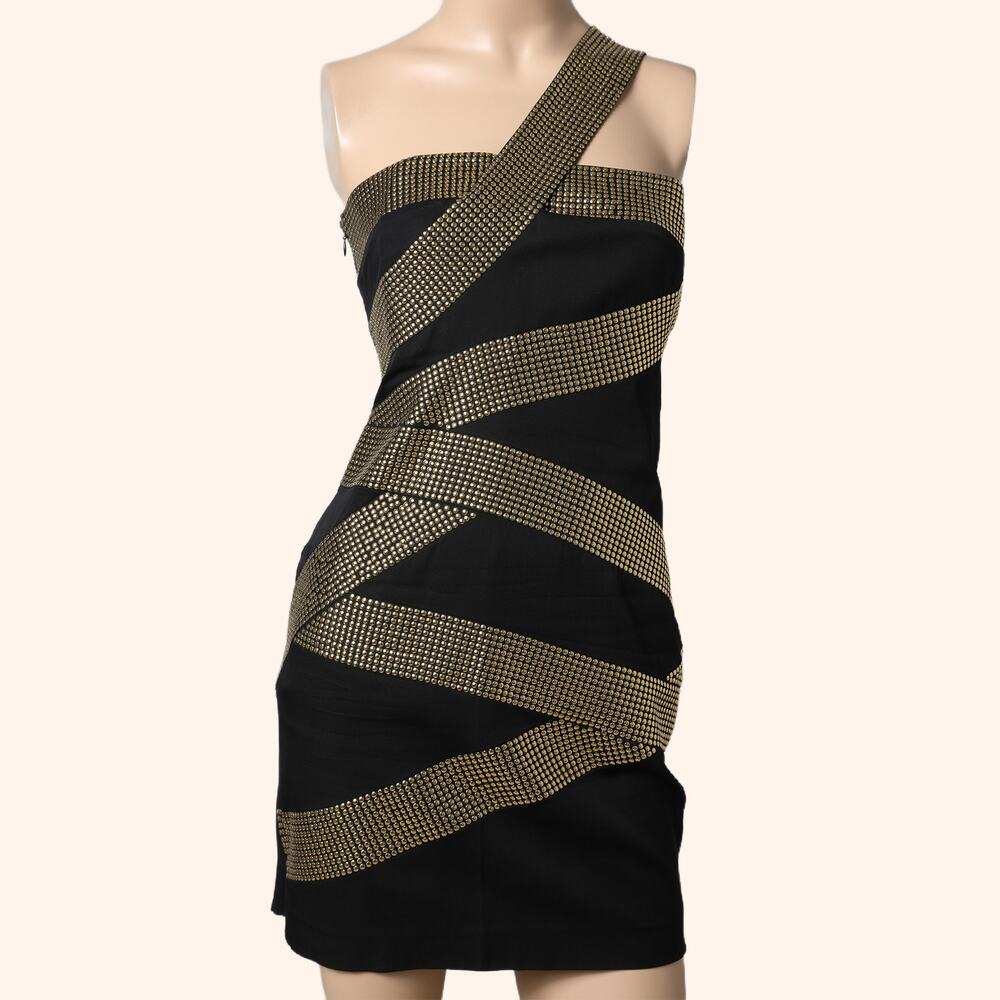 ROBERT RODRIGUEZ Black Gold Studded One-Shoulder Mini Dress